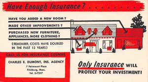 Approx. Size: 3.5 x 6 Charles E Dumont, insurance agency Fitchburg, Mass., US...