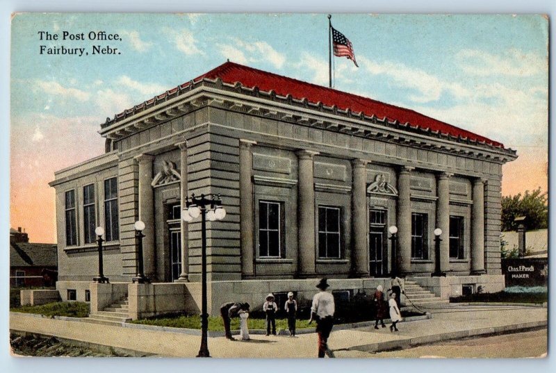 c1910's The Post Office Building People American Flag Fairbury Nebraska Postcard