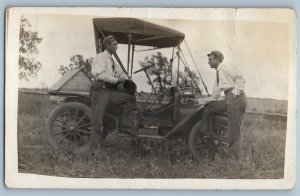 c1910's Two Men Car Auto Scene Field RPPC Photo Unposted Antique Postcard