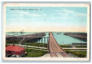 c1920 Mammoth Ore Docks Truss & Rustic Bridge Boats Building Ashland WI Postcard