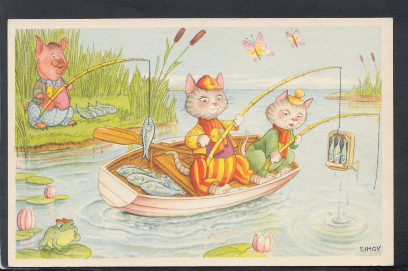 Childrens Postcard - Cute Animals Fishing - Artist Simon  HP226