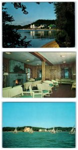 3 Postcards ONEKAMA, Michigan MI ~ PORTAGE POINT INN Lobby, Sailboats c1960s