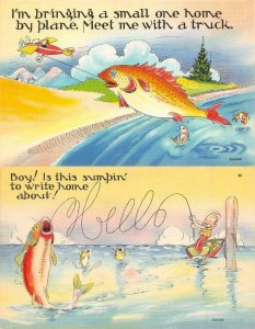 Two  FISH EXAGGERATION COMICS  Bring Home By Plane~Hello  *2* c1940's Postcards