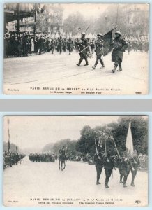 2 Postcards PARIS, FRANCE Revue 14 Juillet 1918 ~ Belgian Flag, Greecian Troops