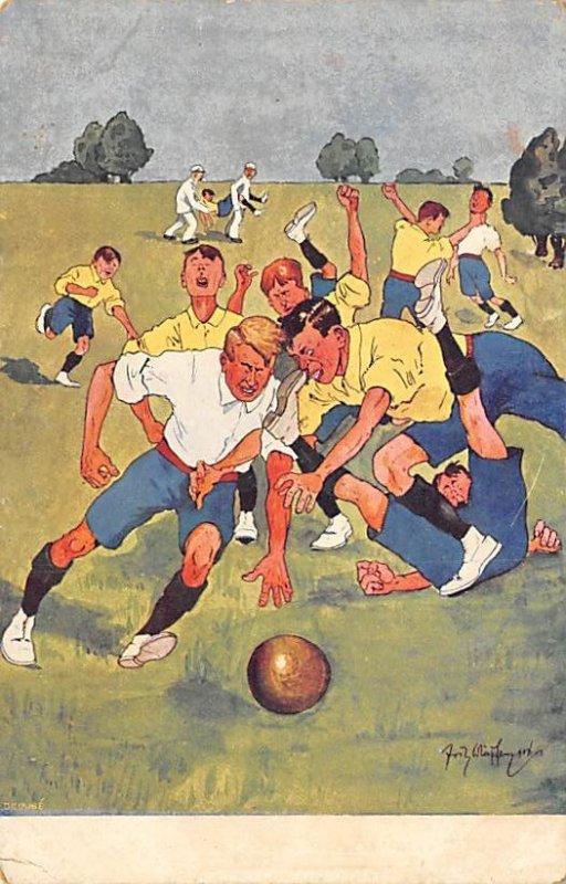 Men Playing Ball Comic Football Writing on Back 