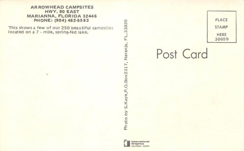 ARROWHEAD CAMPSITES Marianna, Florida RARE Camping RVs c1960s Vintage Postcard