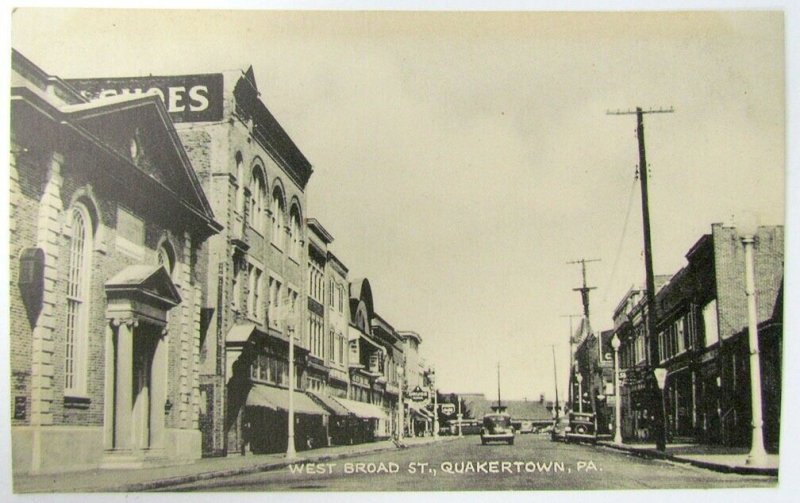 Vintage Postcard West Broad Street Quakertown PA Siehn Shoes Sign