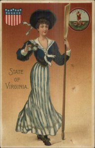 Langsdorf & CO Beautiful State Women w/Crest Postcard VIRGINIA BOAT OAR PADDLE