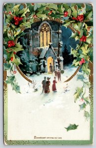 Holiday~Christmas~Winter Church Entrance Scene In Holly Frame~Emb~Vintage PC