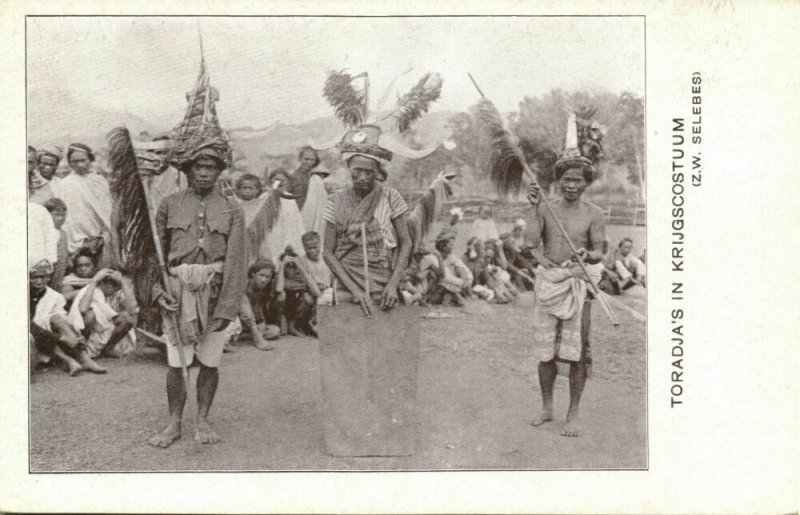 indonesia, CELEBES SULAWESI, Toraja Headhunters in War Costume (1920s) Postcard