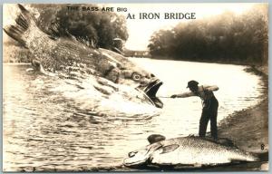 IRON BRIDGE CANADA FISHING EXAGGERATED VINTAGE REAL PHOTO POSTCARD RPPC