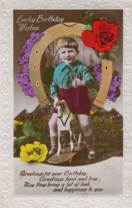 Boy Pulling Braces On Rocking Horse Cowboy Style Greetings Postcard