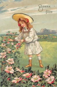L093 Greetings 1908 Girl flowers embossed vintage postcard