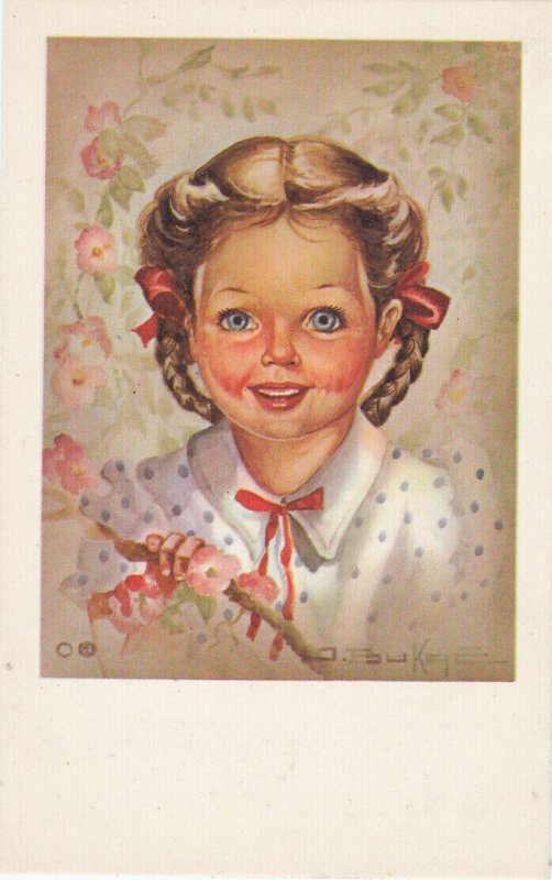Lovely drawn blue eyes girl portrait signed J. Bukge Belgium postcard 