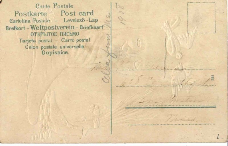 Valentine Fantasy Human Face on Boot Stomps Heart c1910 Postcard GLITTER