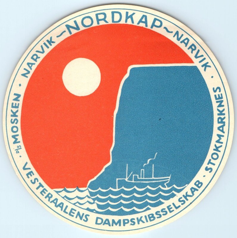 c1920s Nordkap Narvik Norway Luggage Label D/S Mosken Vesteraalens Art 2C