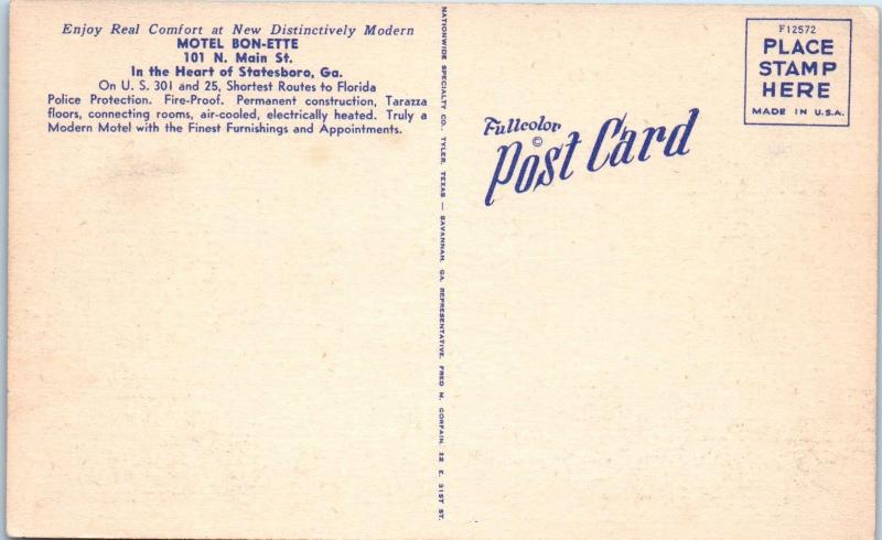 STATESBORO, GA  Georgia   MOTEL  BON-ETTE    c1940s  Linen  Roadside  Postcard