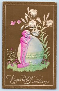 c1910's Easter Greetings Big Egg Flowers And Butterflies Airbrushed Postcard