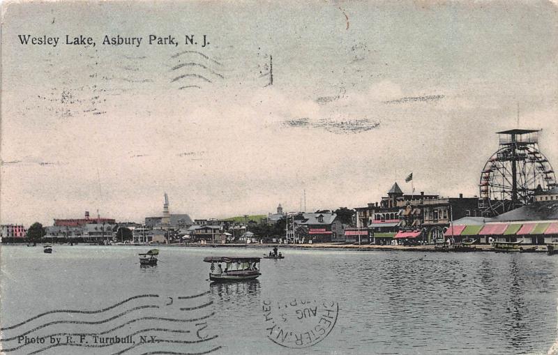 Wesley Lake, Asbury Park, New Jersey, Early Hand Colored Postcard, used in 1909