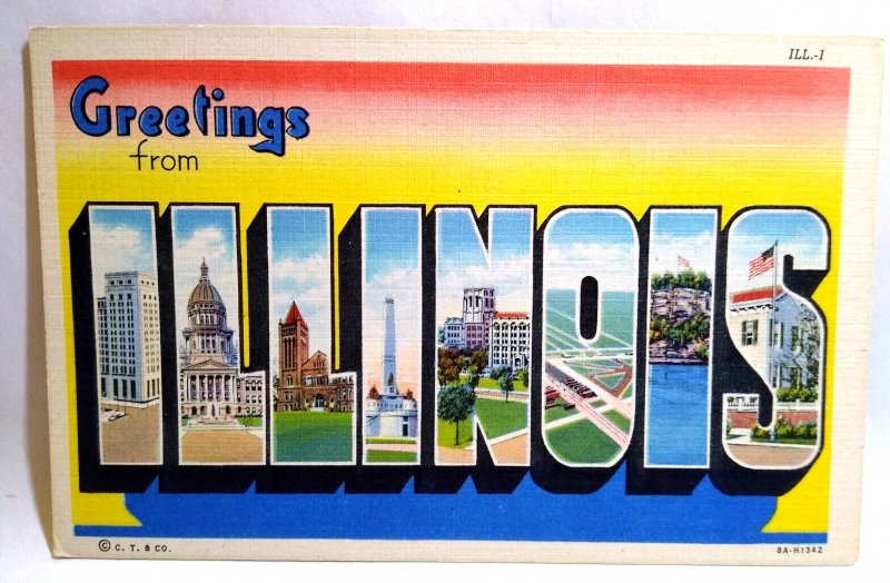 Greetings From Illinois Large Big Letter Linen Postcard Curt Teich Unused 