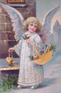 Fantasy Angel Child Gilt Angel Gel Antique Vintage Christmas Postcard Germany