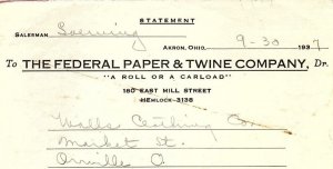 1937 THE FEDERAL PAPER & TWINE CO AKRON OHIO ORRVILLE BILLHEAD STATEMENT Z2268