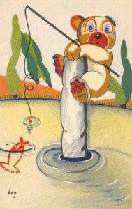 Bear Fishing Art ben Artist-Signed Japanese Koi Hand-Drawn Vintage Postcard