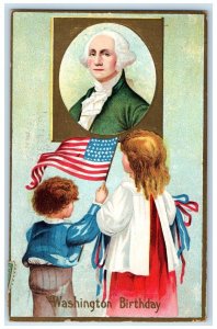 1911 Washington Birthday Children Holding Flag Embossed Shelbyville IN Postcard