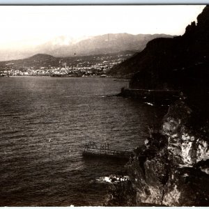 c1940s Unknown City Bay RPPC Mountain Boat Dock Pier Birds Eye Real Photo A163