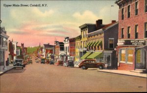 Catskill New York NY Main Street Classic Cars Sunset Linen Postcard