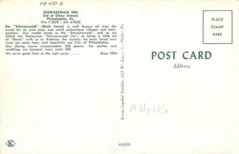 1950s Philadelphia Pennsylvania Schwarzwald Inn occupation Postcard 25-5613