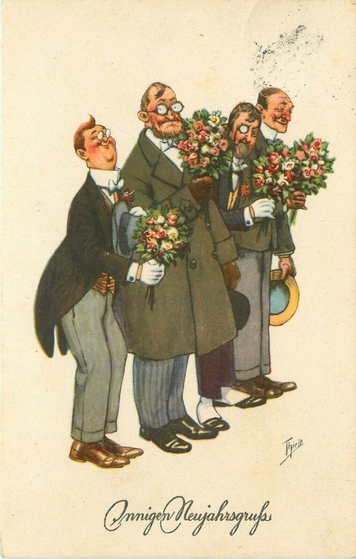 1908 Postcard A/S Thiele, New Year Greetings, Odd Men w/ Flower Bouquets German