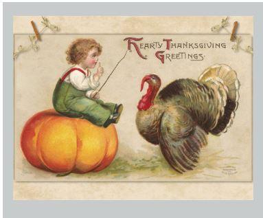 Single Hand Designed Postcard Thanksgiving Greeting Child on Pumpkin w/ Turkey