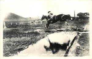 1940s RPPC; Fort Riley KS Soldier on Horseback, Water Jump, Steeplechase LL Cook