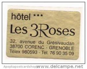 FRANCE GRENOBLE HOTEL LES 3 ROSES VINTAGE LUGGAGE LABEL