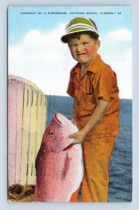 Kid with Big Fish Portrait of a Fisherman Daytona Beach FL Linen Postcard H17