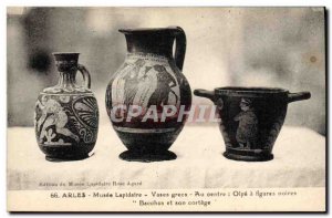 Old Postcard Faience Faincerie Arles Museum lapidary Greek Vases Olpe black f...