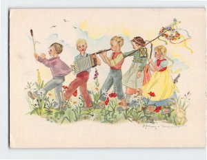 Postcard Children Walking And Playing Music Painting