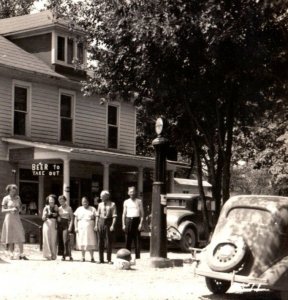 1930s RPPC Lake View Grocery West Branch MI Mobile Gas Pump Cars F167