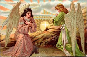 Easter Postcard Two Beautiful Angels Praying at Sunrise Cross Inside of Sun