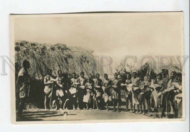 443386 Tanzania Massay Moshi tribe at the houses semi-nude men Vintage photo