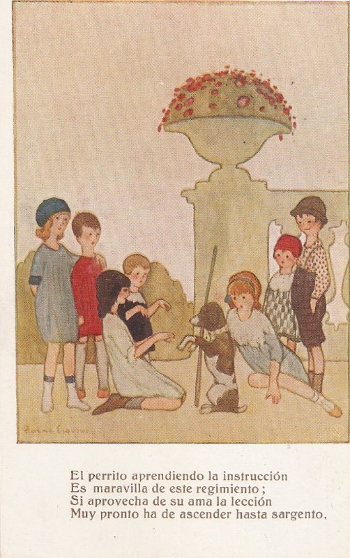 T.Esquius Group of children playin with dog in a parkNice vintage Spanish PC