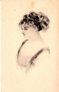 Pretty Lady - Signed - Curly Hair - c1910