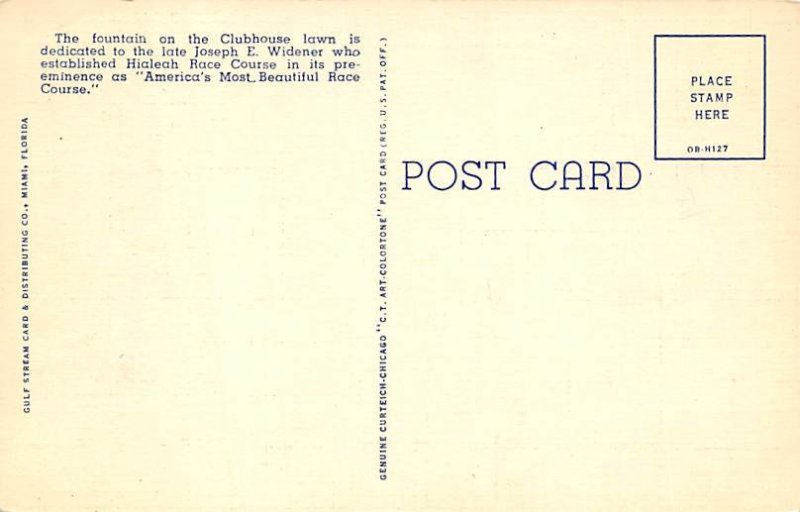Hialeah Race Course Widener Fountain  - Hialeah, Florida FL Postcard