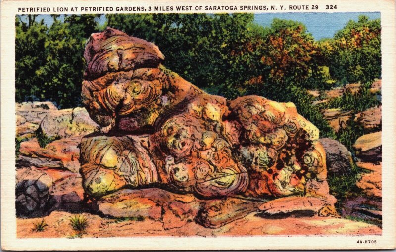 Petrified Lion Petrified Gardens Saratoga Springs New York Linen Postcard C247