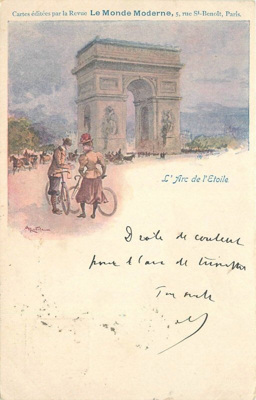 Postcard 900 Paris France bicycling Arc De Tiomphe undivided 23-12631