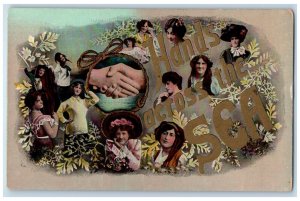 Germany Postcard Hands Across The Sea Pretty Womens c1910's Unposted Antique