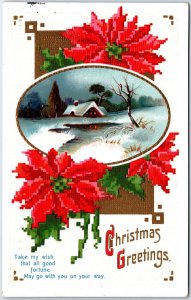 VINTAGE POSTCARD CHRISTMAS GREETINGS WINTER SCENE PIXELATED FLOWERS ST JOSPEH MO