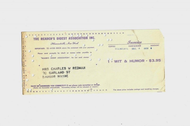 1958 Vintage Reader's Digest Receipt for Payment Ephemera 