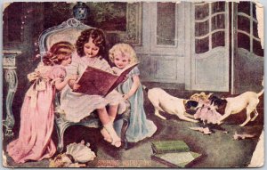 1907 Receiving Instructions, Victorian Children Reading Book, Playing, Postcard
